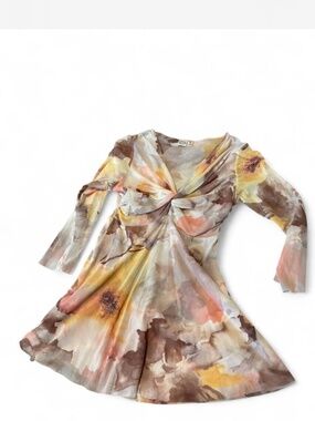 Johnny Heaven Y2K Watercolor Floral Mesh Top Twist Front Long Sleeve - Medium